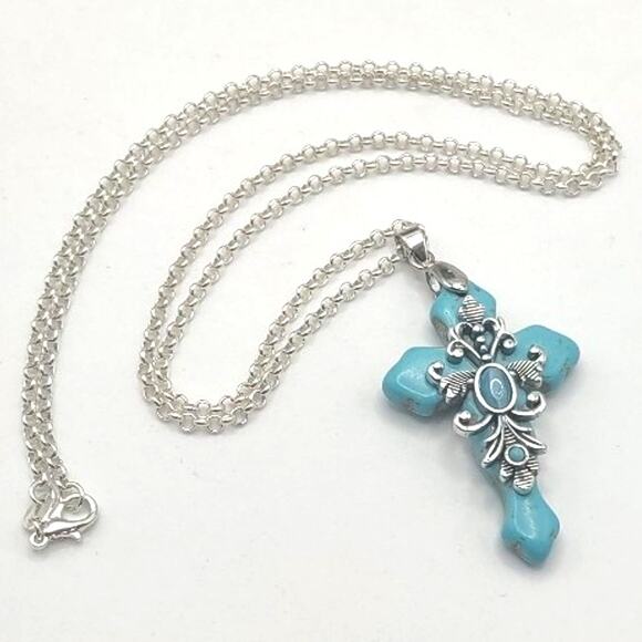 925 Silver Necklace W/ Turquoise Stone BOHO Cross Pendant Vintage Birthday NEW!
